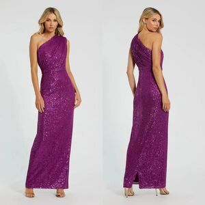 IEENA FOR MAC DUGGAL Dark Purple Sequined Ruched One Shoulder Gown Size 4 $398